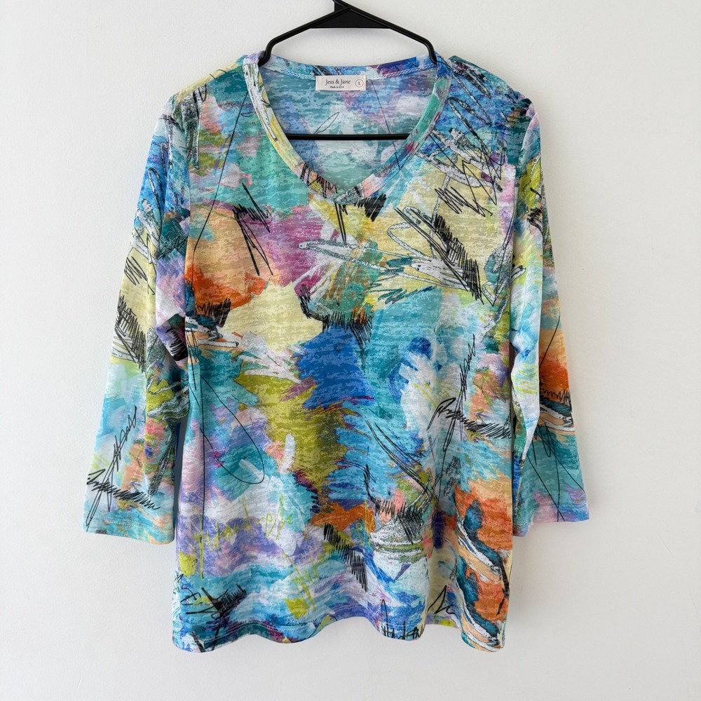 Jess & Jane Abstract Art Print Top V-Neck 3/4 Sleeve Multi Color Knit L USA Made